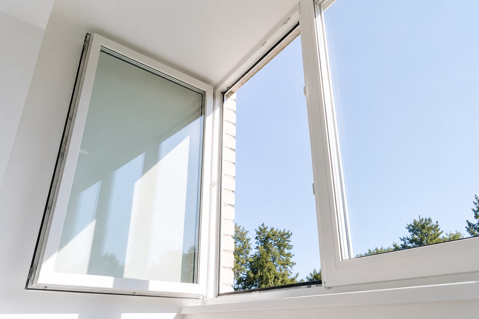 Weit geöffnete Fenster bei blauem Himmel